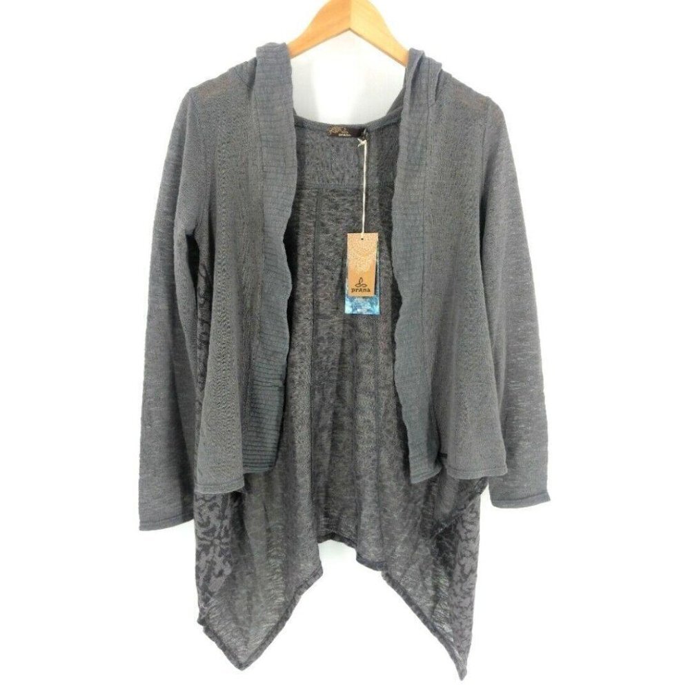 Prana Cardigan Sweater Womens Small Gray‎ Open Front Lightweight Hood Casual